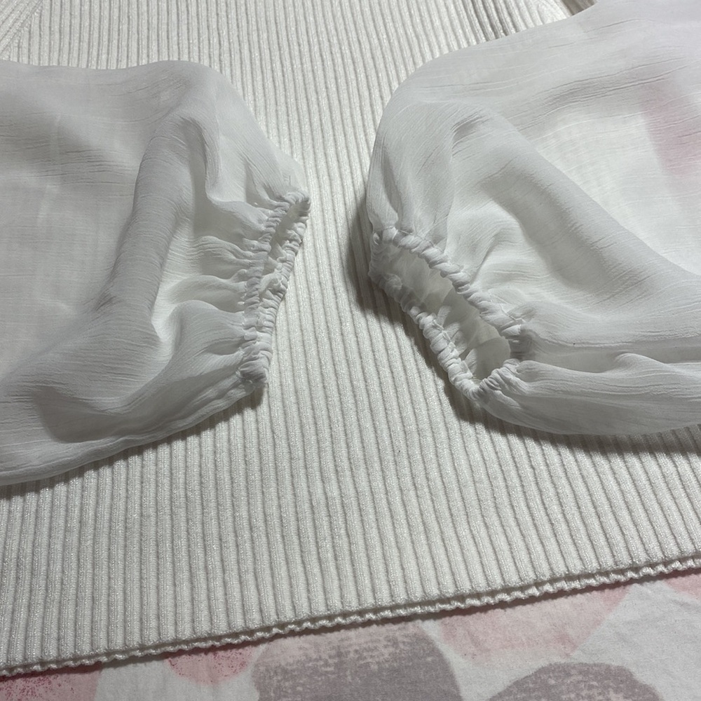 French Connection Ribbed White Blouse With Sheer Sleeves Size Large - Picture 5 of 7